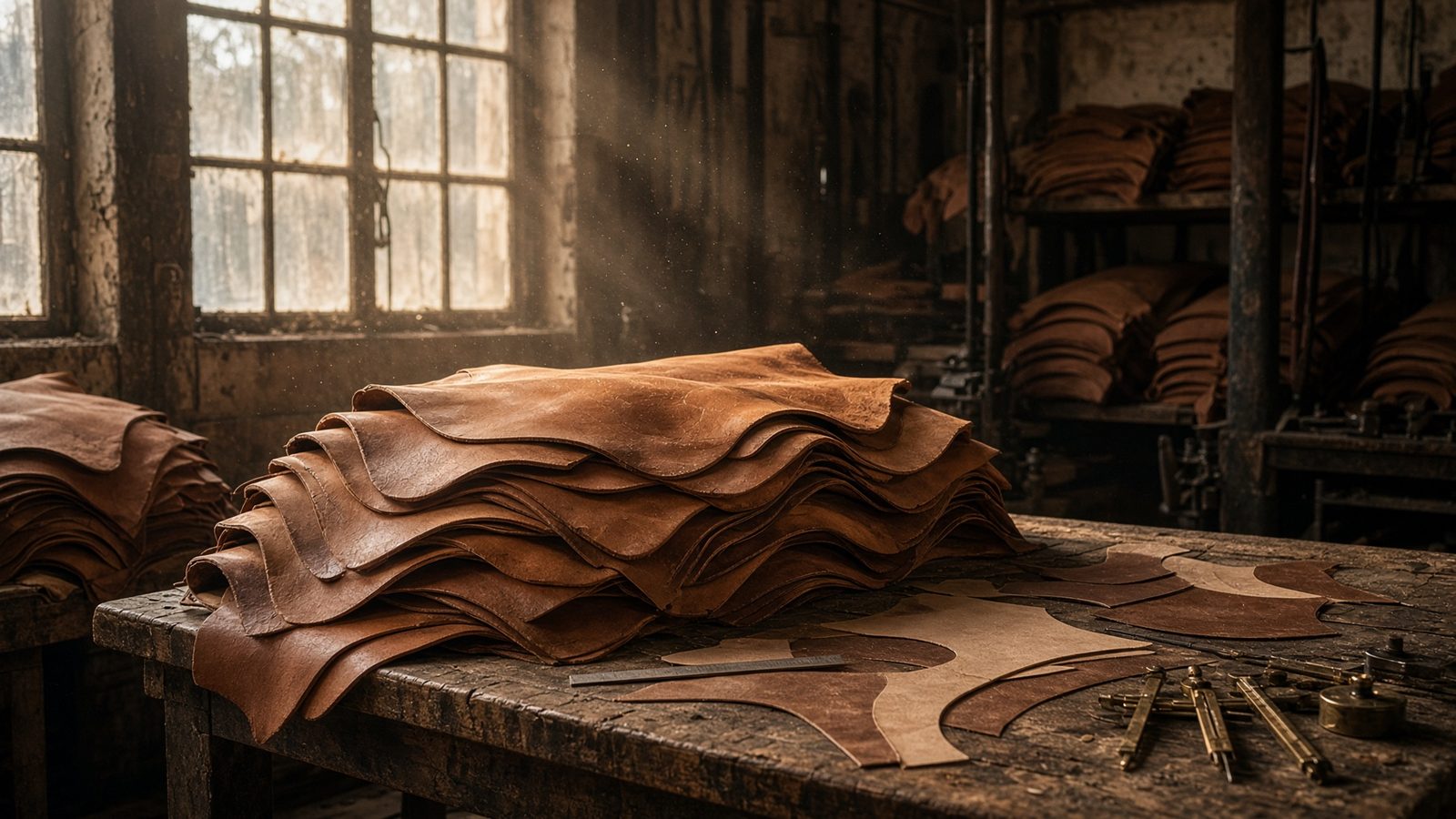 Leather hides on an inspection table in the workshop
